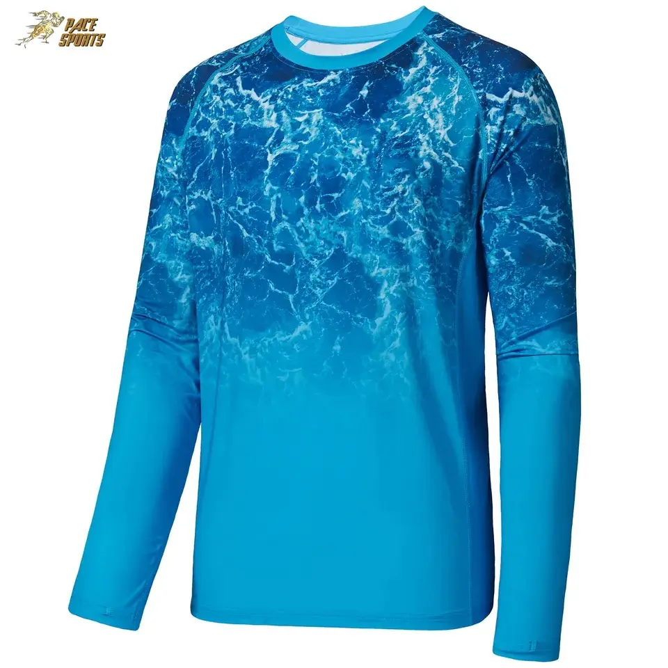 Custom Sublimation Logo Navy Blue Color Polyester UV Long Sleeve Mens Fishing Shirt