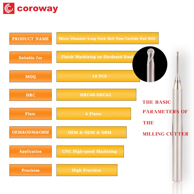 कठोर स्टील पर फिनिश मशीनिंग के लिए सीएनसी मिलिंग कटर 2 बांसुरी माइक्रो व्यास लंबी गर्दन बॉल नाक कार्बाइड एंड मिल