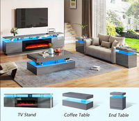 Ensemble de table basse moderne pour salon, finition brillante, avec éclairage LED, table centrale et 2 tables d'appoint