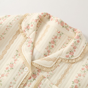 Set di <span class=keywords><strong>pigiama</strong></span> inverno donna manica lunga 100% fiori di <span class=keywords><strong>cotone</strong></span> Set Homewear in pizzo - Product Image 4
