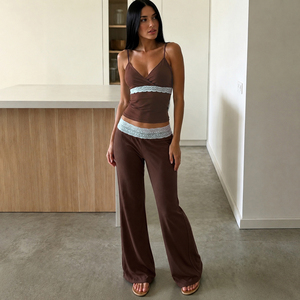 Conjunto de Dos Piezas de Punto con Bloques de Color y Ribete de Encaje para Mujer, Top Camisola y Pantalones, Estilo Y2K, Ropa Casual a la Moda - Product Image 4