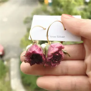 Indah Mawar Nyata Kain Bunga Anting Eternal Petal Anting Kaca Anting Bunga Anti-alergi Telinga Klip Kuku Panjang Pendek