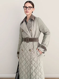 Cappotto Lungo Trapuntato da <span class=keywords><strong>Donna</strong></span> con Colletto a Contrasto in Velluto a Coste Color Latte, Stile Vintage Britannico - Product Image 5