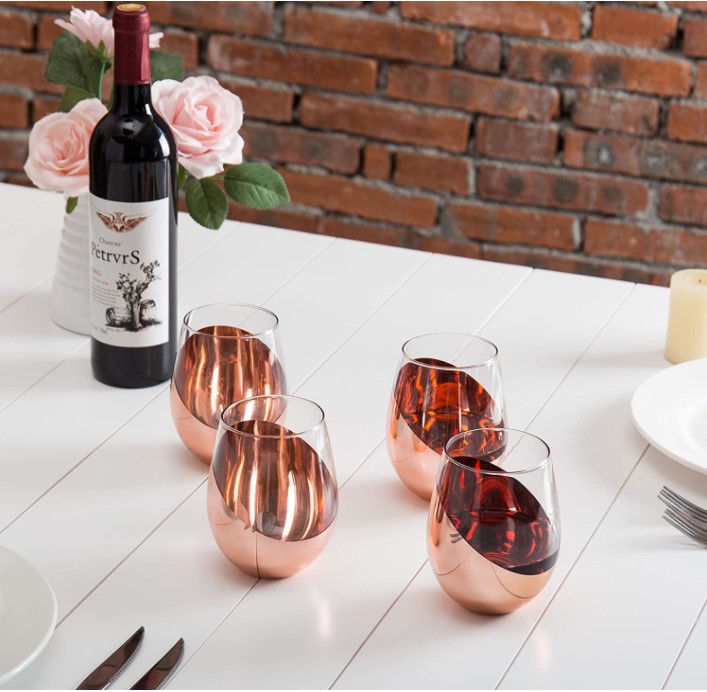 Tilted Brass Metallic Stemless Wine Glasses, Beverage Drinkware Tumbler Cups, Set of 4