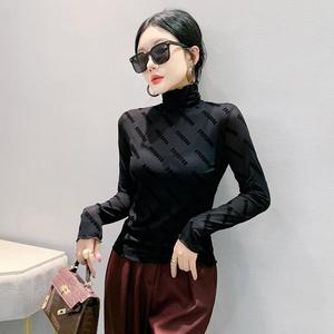 Autumn New Slim-Fit Flocking Burning Flower Turtleneck Print Long-Sleeved T-<strong>shirt</strong> Women's Sexy Trendy Small <strong>Shirt</strong> Fashion - Product Image 3