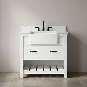 Ensemble de meuble-lavabo de salle de bain blanc durable de style américain, fabriqué au Vietnam, avec vasque en céramique, plateau en bois et marbre, robinet noir et tiroirs de rangement ouverts - Product Image 3