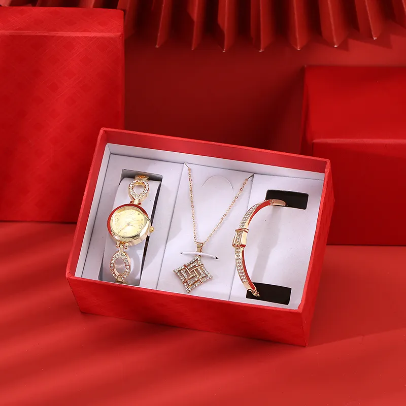 थोक फैशन की प्रवृत्ति बुटीक देवियों सेट उपहार बॉक्स पूर्ण हीरे की घड़ी + कंगन + हार 3pcs/सेट के लिए girfriend