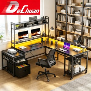 Escritorio de Computadora en <span class=keywords><strong>Forma</strong></span> de <span class=keywords><strong>L</strong></span> con Marco Metálico, Cajones, Luz LED y Estante Superior para Juegos en Casa, Venta al Por Mayor - Product Image 5