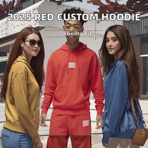 Custom Logo Embroidered Solid <b>Hoodie</b> for Men Waterproof Cotton Fleece Oversized Fit with Pocket <b>Red</b> Color - Product Image 2