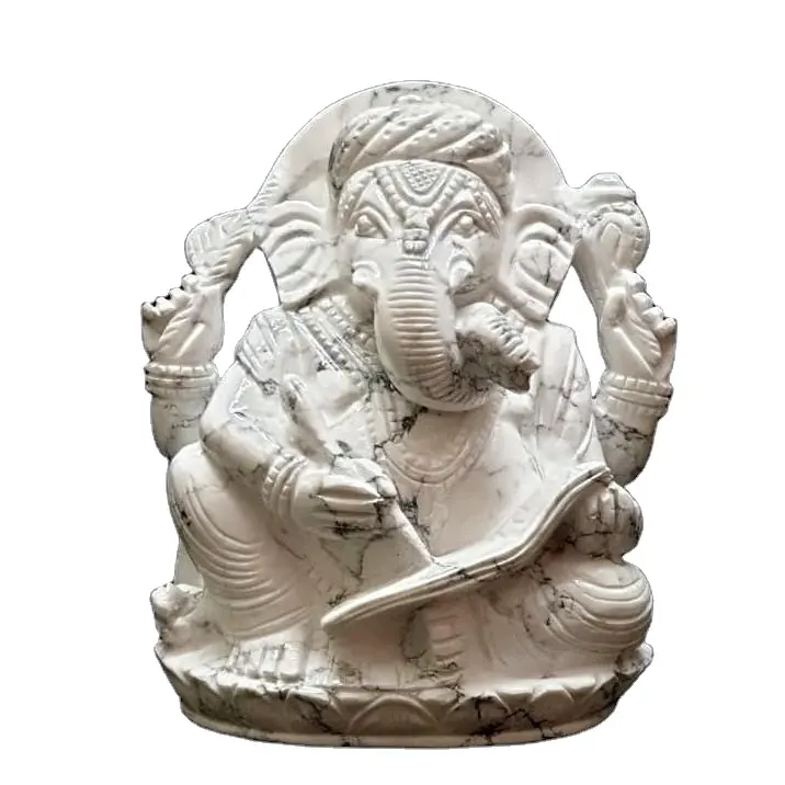 High Quality Hand-Carved Howlite Gemstone Ganesha Statue Natural Stone Figurine Religious Art & Collectible from India