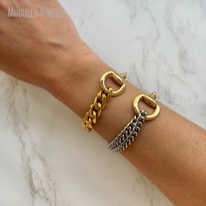 <span class=keywords><strong>Bracelet</strong></span> chaîne en acier inoxydable bicolore BM51235 Link Silver & Gold Snaffle <span class=keywords><strong>Bit</strong></span> Chunky, bijoux géométriques équestres Horsebit - Product Image 2