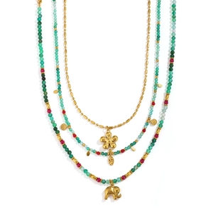 Collier unisexe de plage style bohème, multicolore, perles d'agate verte, pendentif éléphant et fleur, chaîne plaquée or 18 carats, géométrique - Product Image 5