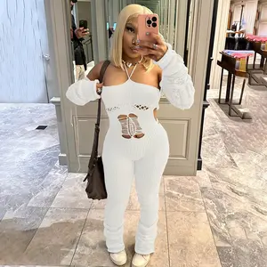 New Sexy Halter Hollow Out Knit Long Sleeve Jumpsuit White Jumpsuits Women 2023