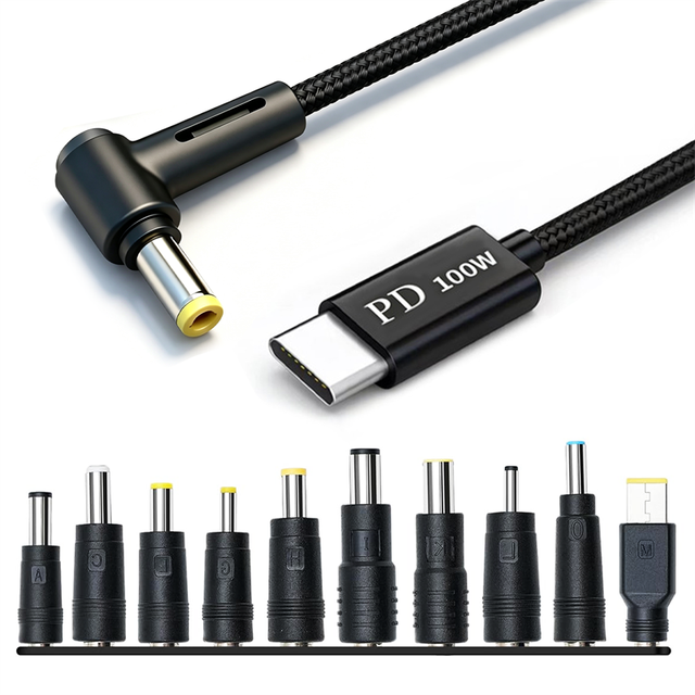 PD 100W 10 in 1 USB C to DC Power Cable Kit Universal Laptop Charging Cable with 10 Replaceable DC Tips