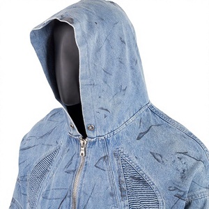 Veste à capuche en jean délavé pour homme, style décontracté, fermeture éclair intégrale, coupe oversize, style automne, coupe classique, motif imprimé, couleur bleue - Product Image 3