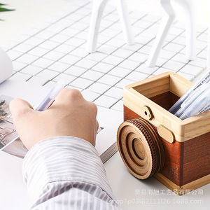 Soporte de madera para bolígrafos con forma de cámara, organizador cuadrado para escritorio de oficina, caja de almacenamiento para lápices, reglas, uso en el hogar y la oficina - Product Image 3