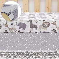 Ensemble de literie pour lit de bébé 3 pièces, animaux de la savane, éléphant, zèbre, lion, girafe, ensemble de lit de bébé neutre, comprend une couette, un drap-housse, une jupe