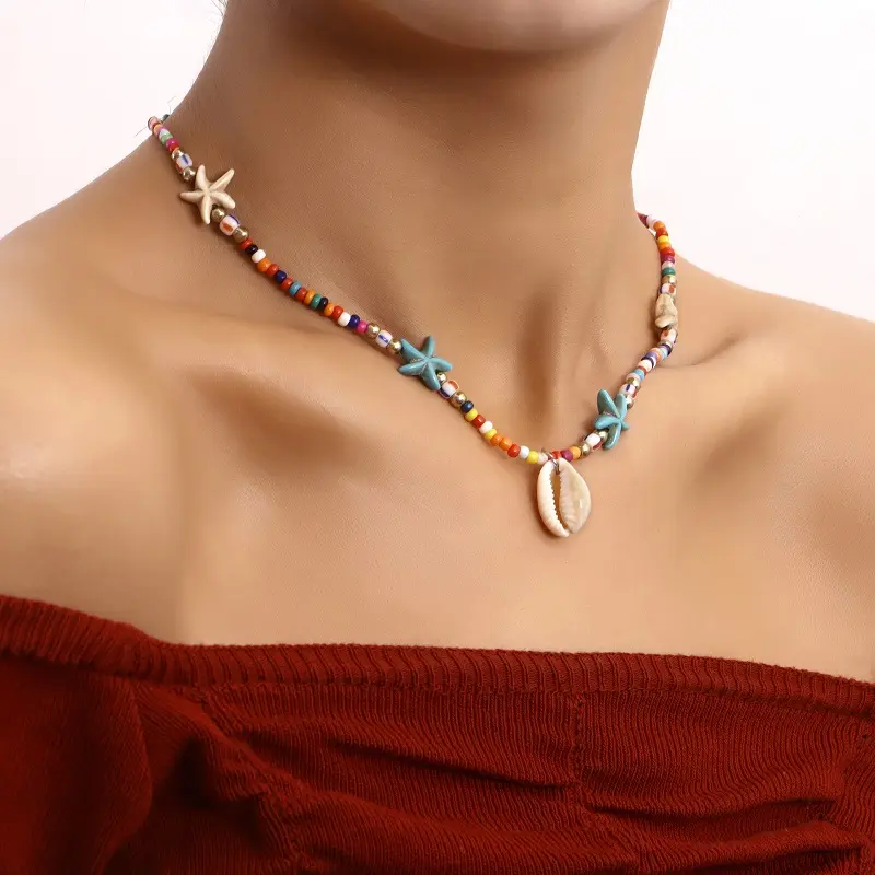 Colar boêmio, gargantilha corrente de contas artesanais étnica colorida turquesa pingente de concha estrelada para mulheres