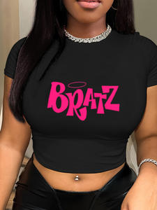 Camiseta de corte para mujer Y2k Rosa Bratz, Camiseta con estampado de letras, cuello redondo, ropa ajustada de manga corta, top de moda para mujer - Product Image 6