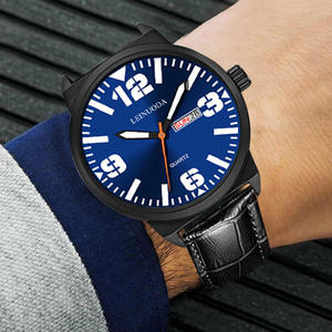Men's watch leather strap double calendar stylish large dial <b>waterproof</b> quartz <b>wristwatch</b> trendy men's watch for students - Product Image 4