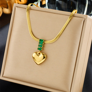 Heart Pendant Necklace Stainless Steel Green Gemstone Chain Clavicle Jewelry Gift - Product Image 1