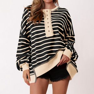 Suéter Popular Informal a <span class=keywords><strong>Rayas</strong></span> para Mujer, <span class=keywords><strong>Manga</strong></span> <span class=keywords><strong>Larga</strong></span>, Otoño e Invierno, Corte Holgado, Color Brillante, Diseño con Botones, <span class=keywords><strong>Cuello</strong></span> Redondo - Product Image 4