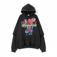 Nouveau Sweat à Capuche Tendance Urbaine Style Punk en Coton Crocheté Solide 430G Effet Deux Pièces avec Manches Patchwork 2026