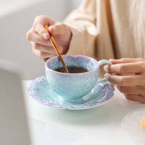 Ensemble de tasses à café en céramique avec glaçure craquelée dégradée, design de bordure en pétales, couleur macaron fraîche, tasse à thé de l'après-midi - Product Image 3