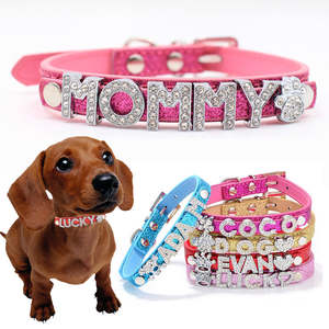 Collar de perro con diamantes de imitación de lujo personalizado con letras de nombre DIY, suministros para mascotas, Collar de perro de cuero PU ajustable - Product Image 1