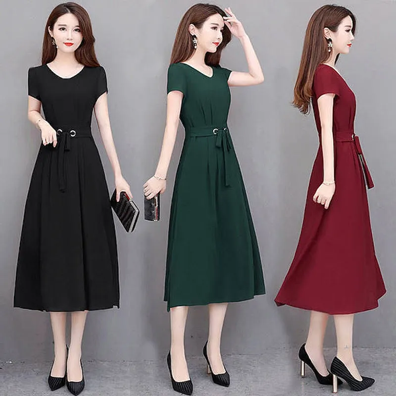 Wholesale Custom New Fashion Women Girls Summer Short sleeve o-neck plus size lace up waist belt slim A line loose midi dress