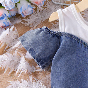 Conjunto de Dos Piezas de Vestido Asimétrico de Manga Corta con Parches para Niñas Pequeñas, Estilo Europeo y Americano de Verano + Cinturón - Product Image 4