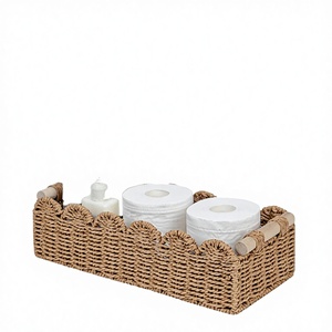 HT Home Decor <b>Rectangle</b> Paper Rope Eco-Friendly <b>Storage</b> <b>Basket</b> with 2 Wooden Handles for Shelves - Product Image 3