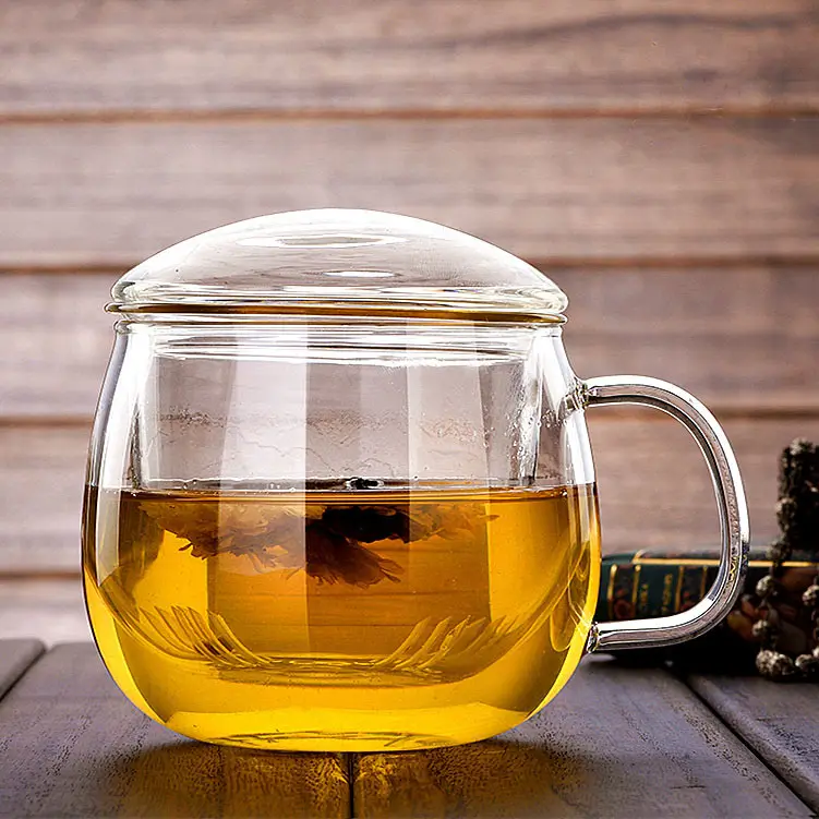 Tasse à thé en verre borosilicate de haute qualité de 300ml, résistante à la chaleur, avec infuseur et couvercle.