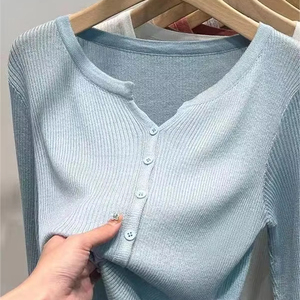 Áo cardigan nữ dệt kim dáng ôm màu trơn đơn giản dễ thương phong cách mùa xuân 2024 cổ V nhỏ, thích hợp đi làm và đi chơi - Product Image 1