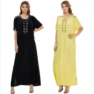 Summer Dubai Middle East Arabia India Kaftan Girl Short Sleeve Dresses Casual Abaya Hollow Out Loose Long Dress For Muslim Women