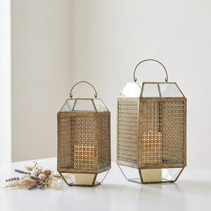 Manufacturers Mesh Design Brass Antique Metal Framed Glass <b>Hurricane</b> Candle Holder <b>Lantern</b> - Product Image 1