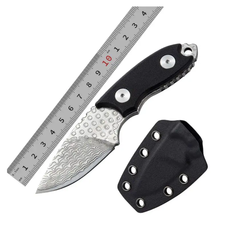 High Quality Handmade Damascus Steel Outdoor Hunting Portable Mini Self Defense Fixed Blade Knife With Leather Sheath