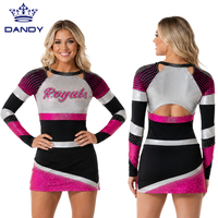 Robe de cheerleading personnalisée noire, rose et argentée avec strass, manches longues, dos découpé, haut une pièce avec chemises