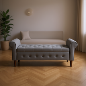 Panca contenitore moderna in tessuto trapuntato grigio da 62 pollici con braccioli arrotolati per camera da letto, soggiorno o ingresso - Product Image 2