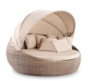 Lit de repos moderne pour patio, mobilier de luxe pour hôtel, chaise longue de jardin en teck et corde, lit de repos extérieur rond en aluminium et rotin tressé avec auvent - Product Image 3