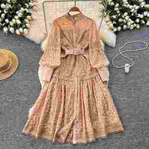 Vestido Maxi Casual de Invierno 2024 para Mujer, Estilo Vintage, Tejido Ecológico, Lavable, con Mangas Farol, Cintura Imperio, Bordado y Encaje, Corte en A - Product Image 2