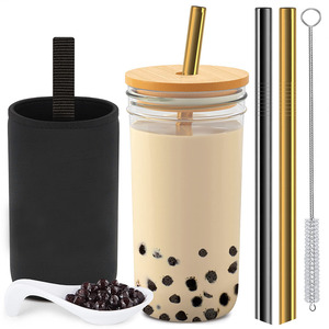 Glass <strong>Tumbler</strong> Reusable Boba Tea Cups With Lid and Straw, Travel Mug High Borosilicate Wide Mouth Glass <strong>Mason</strong> <strong>Jar</strong> with Bamboo Lid - Product Image 2