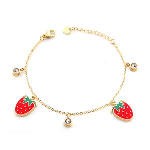 Pulsera Minimalista de Acero Inoxidable con Baño de Oro de 18K, Dije de Fresa Adorable, Colgante de Fruta Esmaltado y Cadena de Circonitas - Product Image 1