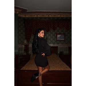 Robe de soirée noire Renata à col montant, manches ballon, taille empire, taille XL, pour occasions formelles, ODM - Product Image 1