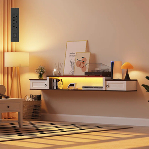 OEM ODM Farmhouse <b>Floating</b> TV Stand, Wood Entertainment Center, <b>Wall</b> Mounted Tv <b>Shelf</b> with Light & Charging Station - Product Image 2