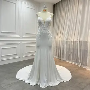 Tedarikçi klasik payetli dantel aplike gelin straplez özel kadınlar zarif kılıf Mermaid krep düğün elbisesi 2022