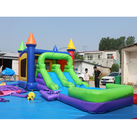 Structure gonflable colorée 3 en 1 avec toboggan et piscine, équipement de jeu pour enfants, utilisation humide ou sèche, location pour fêtes en plein air