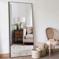 Miroir sur pied grand format 2025, fin et élégant, en alliage d'aluminium et verre, style Art déco/noir minimaliste, idéal pour la cosmétisation