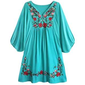 Mujeres Casual Plain Cantidad Primavera Verano Algodón Floral Bordado Mexicano Festival Túnica Blusa Vestidos de cintura alta <span class=keywords><strong>Ropa</strong></span> - Product Image 1