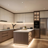 Cuisine modulaire moderne en forme de U avec armoire en contreplaqué étanche, tiroir, évier, îlot, plan de travail en quartz, et éclairage intégré, en kit.